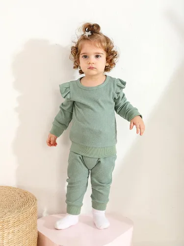 Vista 3 de Conjunto de ropa de 2 piezas para niña con diseño de corazón texturizado con volantes, sin botones de manga larga y lazo frontal