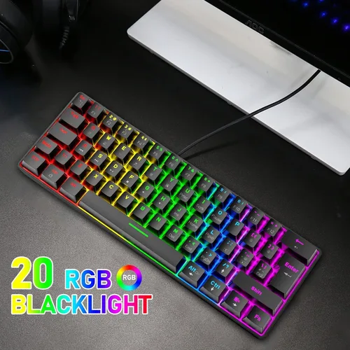 Vista 3 de Combo de teclado y mouse mecánicos con cable al 60%, mini 62 teclas ultracompactas, efectos retroiluminados de arco iris tipo C Chroma 20