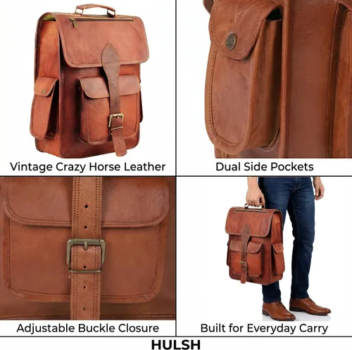Vista 3 de Mochila para portátil de cuero genuino de grano superior para hombres y mujeres, mochila vintage hecha a mano, mochila de viaje, regalo para hombres