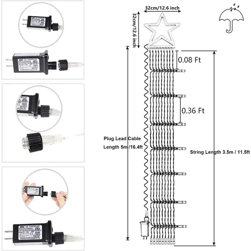 Vista 6 de Decoraciones Navideñas para Exteriores Luces de Cadena de Estrellas, 317 LED 11.5 pies Luces de Árbol Cascada Impermeables con 8 Modos de Varios