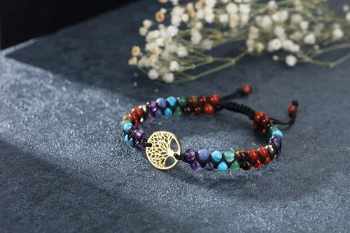 Vista 2 de PESOENTH 7 pulseras de cristal curativo para mujer, piedras preciosas naturales, yoga, reiki, chakras, piedras de ansiedad, árbol de la vida