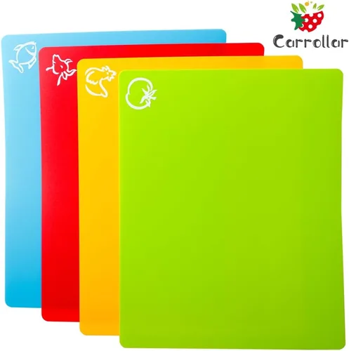 Vista 4 de Juego de 4 tablas de cortar de plástico flexible, con íconos de alimentos, sin BPA, no porosas, con parte trasera adherente y aptas para lavavajillas