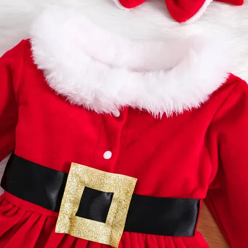 Vista 3 de KnniMorning TEES Vestido de Navidad rojo para niña pequeña, vestido de terciopelo de manga larga, vestido de Papá Noel, vestidos de invierno