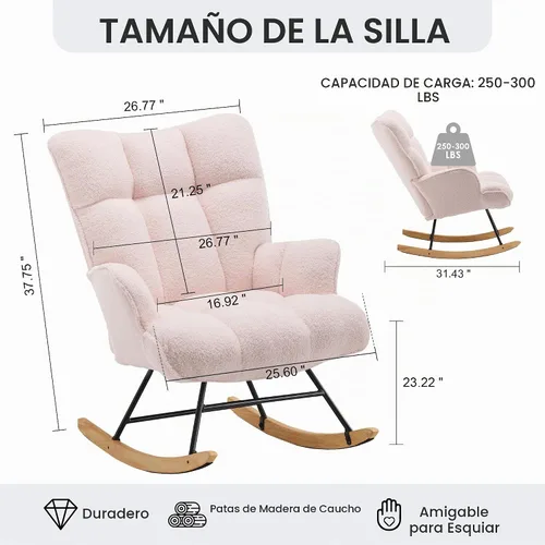 Vista 3 de Zedachica Mecedora de peluche rosa para guardería, tela de forro polar suave, ergonómica y ajustable, solo para uso en interiores Rosa bebé