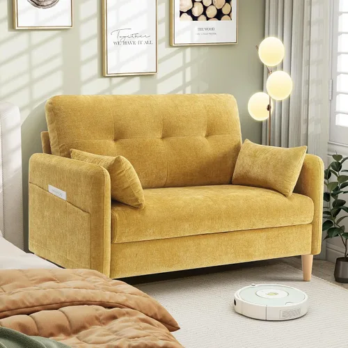 Vista 13 de Hanherry Sofá Loveseat, Sofá Pequeño de 47" para Sala de Estar, Cómodo Asiento de Amor de Tela Chenilla para Dormitorio con Almohada Decorativa