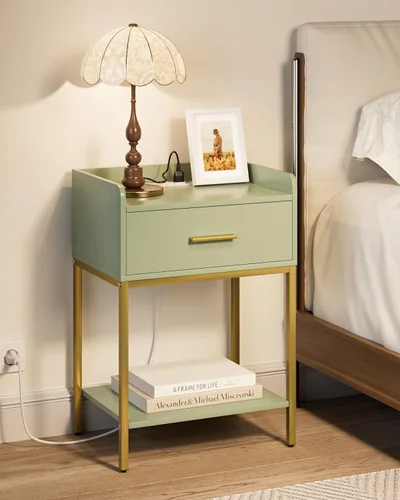 Vista 19 de Mesita de noche, mesita de noche moderna de 3 niveles, mesita de noche con cajón de almacenamiento y estante, mesa auxiliar pequeña para dormitorio