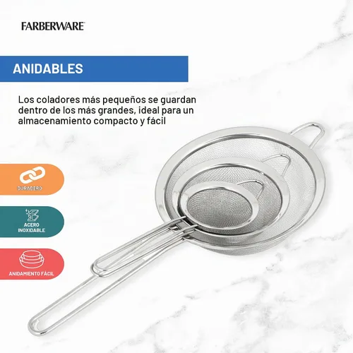 Vista 2 de Farberware Juego profesional de 3 coladores, incluye coladores pequeños, medianos y grandes