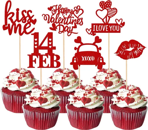 Vista 13 de Rsstarxi Paquete de 24 adornos para cupcakes para el día de San Valentín, con purpurina roja, dulce amor, para cupcakes, decoración de San Valentín