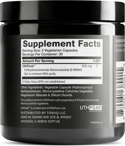 Vista 2 de Toniiq Suplemento NMNH – UthPeak™ clínicamente estudiado – 95% altamente purificado y probado por terceros para NAD+ y apoyo al envejecimiento