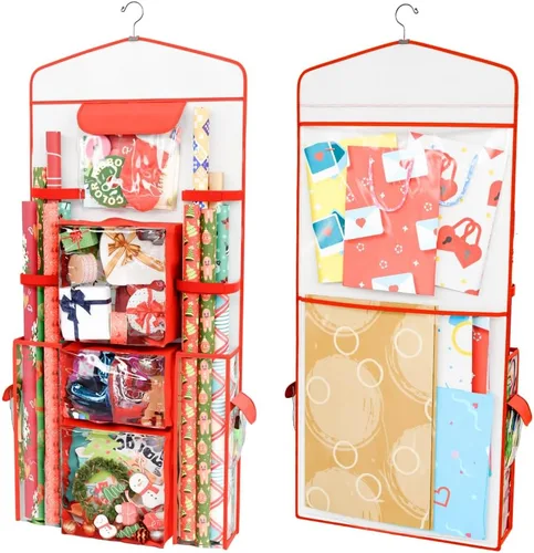 Vista 12 de ProPik Organizador de Almacenamiento de Papel de Regalo Colgante de Doble Cara con Múltiples Bolsillos Organiza tu Papel de Regalo, Bolsas