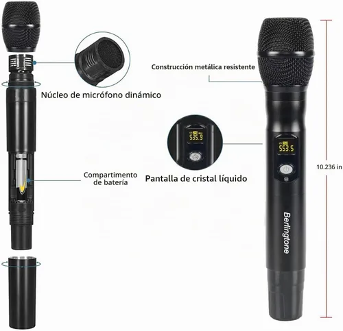 Vista 3 de Sistema de micrófono inalámbrico profesional, juego de micrófono inalámbrico UHF de 4 canales con 2 micrófonos de mano, 2 micrófonos