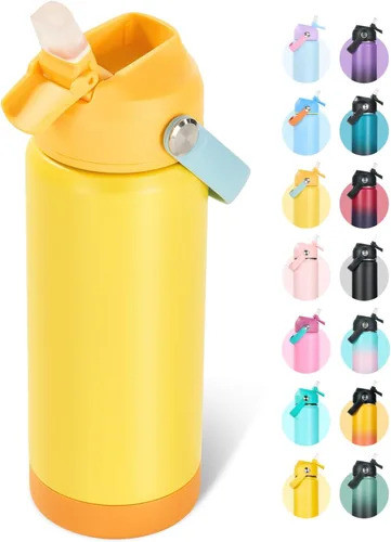 Vista 21 de Fijinhom Botella de agua aislada de acero inoxidable de 18 oz, de boca ancha, de doble pared, con vacío, con pajita de silicona, a prueba de sudor