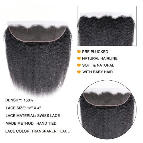 Vista 6 de Cabello humano virgen brasileño lacio 13x4 transparente encaje frontal Yaki recto oreja a oreja encaje frontal con pelo de bebé parte libre