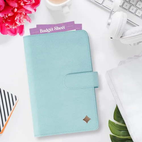 Vista 6 de SOUL MAMA Carpeta de presupuesto con sobres de efectivo, organizador de dinero azul para efectivo, carpeta A6 para presupuesto, carpeta de ahorro