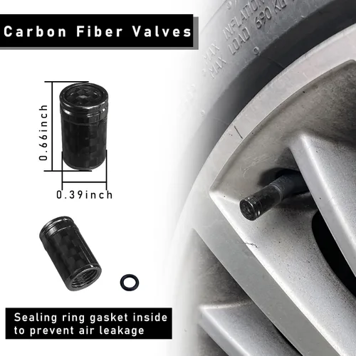 Vista 2 de Ziciner 4 piezas de cubiertas de tapones de válvula de neumático, tornillos de tapa de aire de vástago de válvula de rueda de carbono para llantas