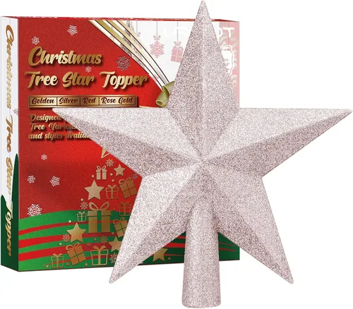 Vista 9 de URATOT Adorno de estrella de Navidad brillante para copa de árbol, decoración decorativa inastillable para árbol de Navidad, estrella dorada, 10 cm