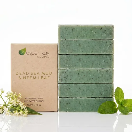 Vista 9 de Aspen Kay Naturals Jabón de barro y neem del Mar Muerto, con manteca de karité orgánica y aceite de oliva. Un maravilloso lavado facial de neem