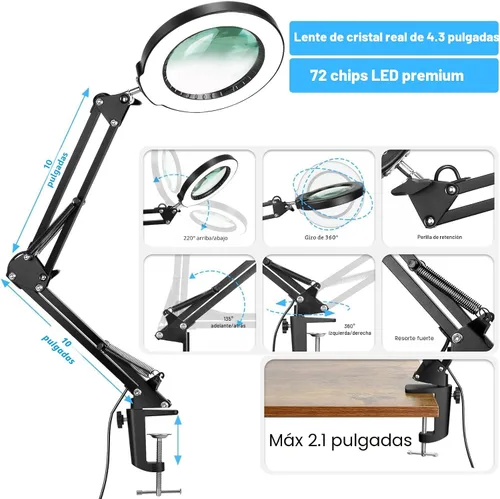 Vista 5 de Coyeth lupa de 10 aumentos con luz y abrazadera, lupa iluminada con soporte de vidrio real, lámpara de escritorio LED regulable sin escalones con 5