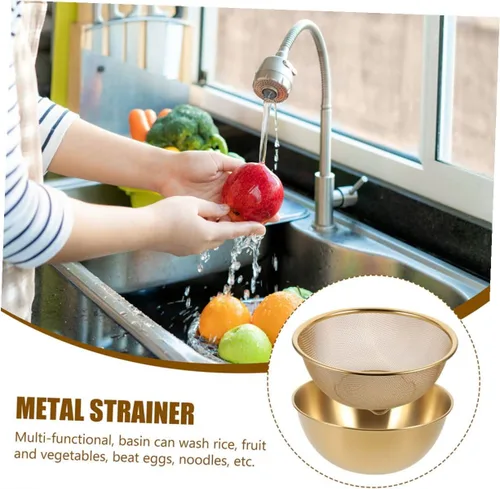 Vista 4 de Stainless Steel Fine Mesh Strainer with Anti-slip Flat Bottom Multi-functional Rice Washer and Vegetable Fruit Washing Basket for Kitchen Use Wire