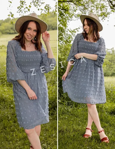 Vista 7 de ZESICA Vestido corto de verano para mujer, manga larga, cuello cuadrado, lunares suizos, fluido, acampanado, fruncido, babydoll