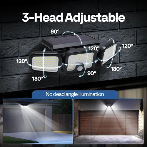 Vista 6 de VIVOHOME - Luces solares de inundación para exteriores, 256 luces LED de 2500 lm con sensor de movimiento, 3 cabezales ajustables de luces