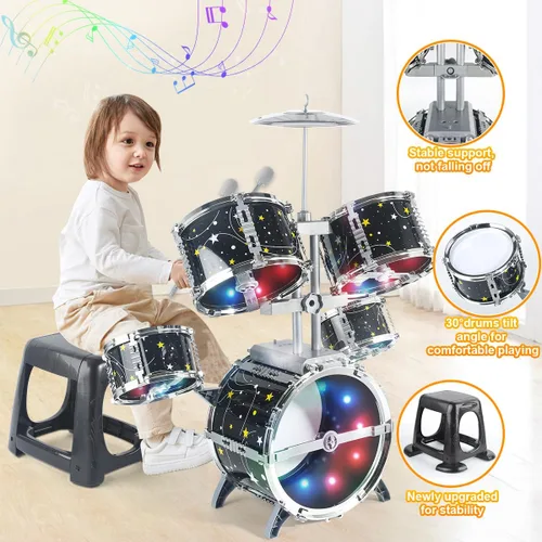 Vista 5 de Juego de batería para niños pequeños de 1 a 3 años, batería de jazz mejorada para niños, juguetes de instrumentos musicales y luces y todo plástico