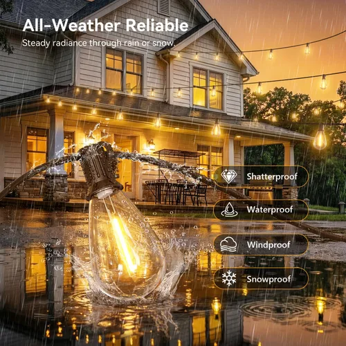 Vista 3 de Guirnalda de luces para exteriores de 200 pies con control remoto, luces de patio impermeables con 72+2 bombillas LED inastillables, decoración