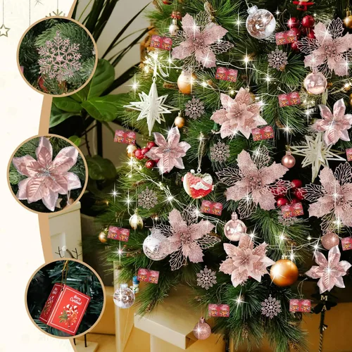 Vista 4 de BSMYBO 59 piezas 6 estilos de flores de Pascua artificiales para árbol de Navidad, adornos de Navidad en color oro rosa con tallos de bayas, copos
