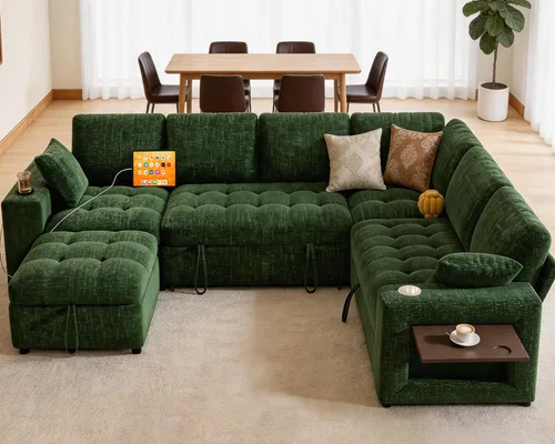 Vista 2 de Vipbear Sofá cama modular de 111 pulgadas, sofá cama modular de 7 asientos con cama extraíble, sofá en forma de L de felpilla con otomana de Verde