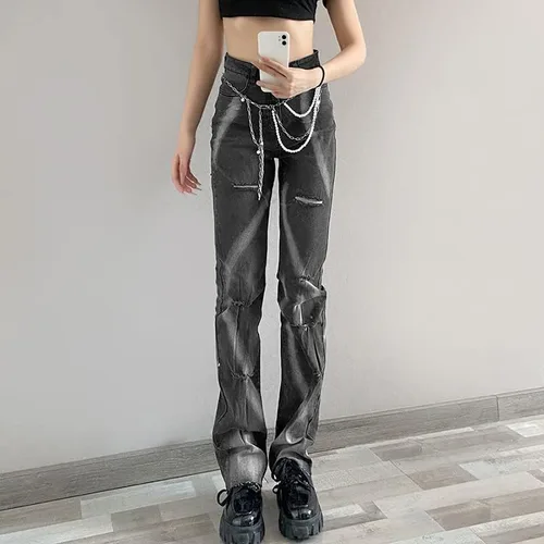 Vista 2 de CYee Jeans holgados rasgados Y2K para mujer, cintura alta, estampado punk, pantalones de hadas, pierna recta, ropa urbana Alt Indie