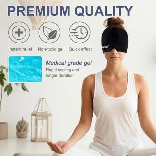 Vista 3 de EXQUISLIFE Gorra de Alivio para Migraña y Dolor de Cabeza, Envoltura de Hielo en Gel, Terapia de Calor y Frío, Máscara para los Ojos para Alivio