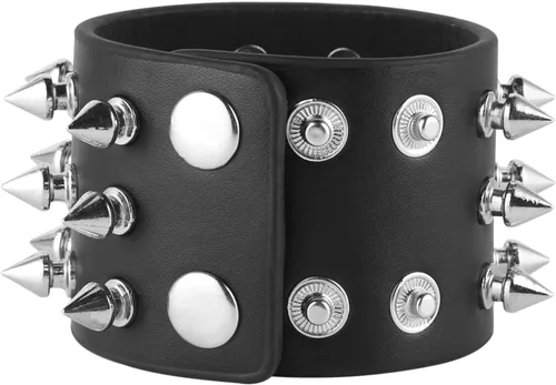 Vista 4 de HZMAN Brazalete unisex negro con pinchos de metal estilo punk/rock, correa ancha de cuero