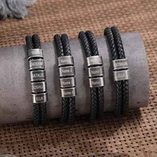 Vista 6 de Pulsera personalizada con nombre para hombre, pulsera de cuero personalizada para hombre con 2-5 cuentas vintage grabadas con nombres de familia