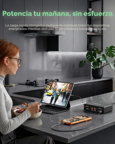 Vista 3 de Cargador retráctil 8 en 1 para múltiples dispositivos, estación de carga de 105 W con cables retráctiles, cargador USB C enchufe de pared GaN Usbc