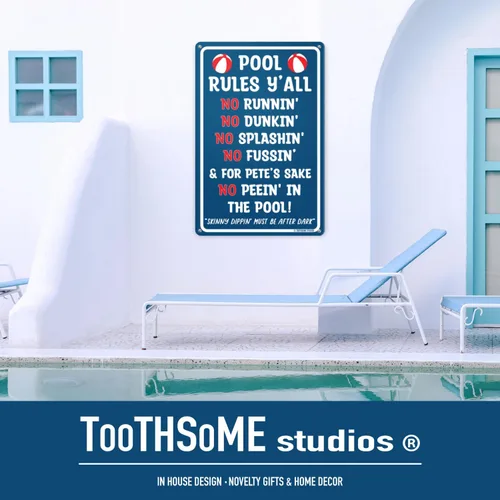 Vista 4 de Pool Rules Y'all Letrero de aluminio para piscina de 12 x 8 pulgadas, decoración de piscina al aire libre estilo sureño