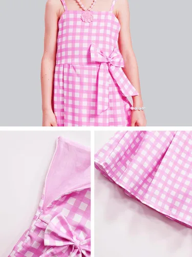 Vista 6 de MEDSAMAAN Vestido a cuadros rosa para niñas, disfraces de cosplay con accesorios de 4 a 10 años