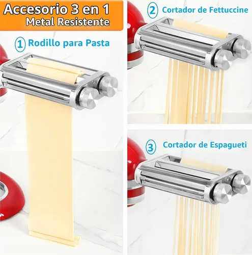 Vista 3 de FavorKit Accesorio para hacer pasta para batidoras KitchenAid, juego resistente 3 en 1 incluido rodillo de hojas de pasta, accesorios de cortador