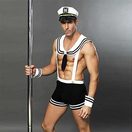 Vista 4 de KAKU Ropa interior sexy de moda para hombre, disfraz de marinero, pijama de uniforme para escenario, Blanco