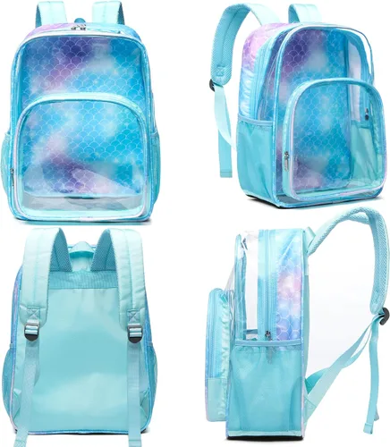 Vista 4 de BLUEFAIRY Mochila transparente para estadio escolar, grande, de PVC, transparente, bolsa de libros, mochila transparente, Azul bebé, Mochilas Daypack