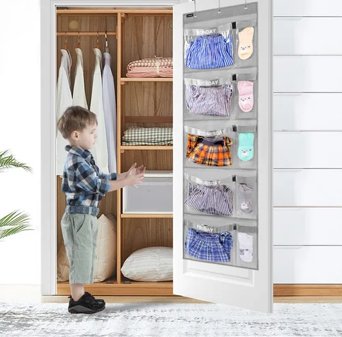 Vista 3 de Organizador semanal de ropa para niños, día de la semana, almacenamiento de ropa escolar, de lunes a viernes, organizador colgante de armario (gris)