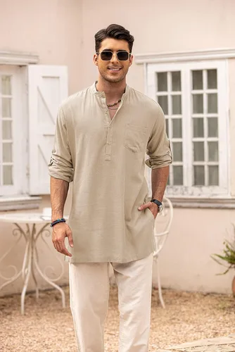 Vista 4 de COOFANDY Camisas Henley de lino para hombre, manga larga, ajuste regular, camisetas de playa Kurta con bolsillo