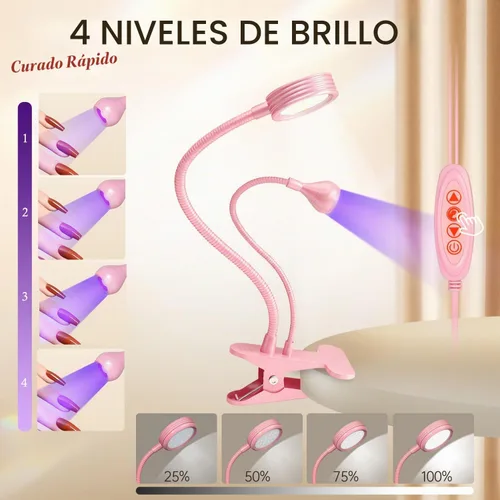 Vista 3 de AORAEM Lámpara de uñas LED UV, luz de curación flash de doble cabeza, rosa Luz de curado para uñas de gel con cuello de cisne portátil