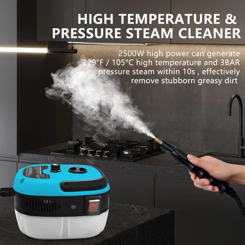 Vista 4 de Limpiador a vapor de mano, limpiador de vapor presurizado de 2500 W con 3 cabezales de cepillo, limpiador de vapor portátil para el hogar, Azul