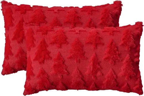 Vista 8 de AVOIN colorlife Juego de 2 fundas de almohada beige con árbol de Navidad, 16 x 16 pulgadas, felpa suave, piel sintética, jacquard, festivales
