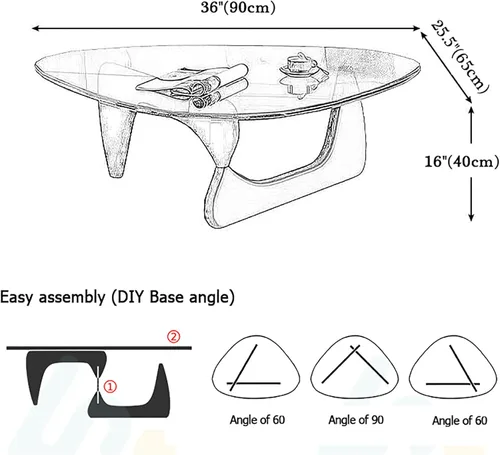 Vista 2 de HM&DX Mesa auxiliar triangular, mesa moderna de mediados de siglo, base de madera, parte superior de vidrio, mesa abstracta, centro pequeño ovalado