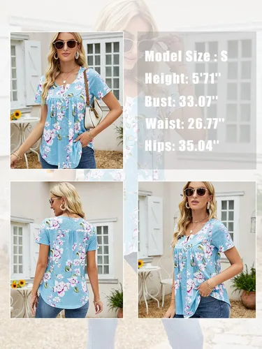 Vista 3 de HAHIYOR Blusas de verano para mujer, blusas con cuello en V, camisetas con botones, plisadas fluidas