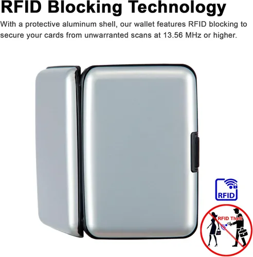 Vista 10 de Soporte para tarjetas de crédito, cartera metálica con bloqueo RFID para tarjetas de identificación para mujeres y hombres, funda rígida de aluminio