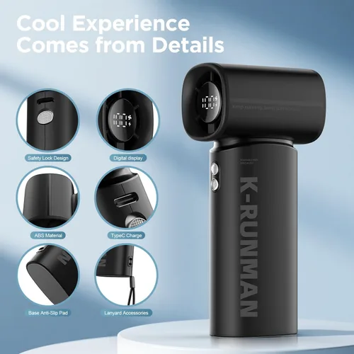 Vista 4 de Ventilador turbo portátil de mano, 5 velocidades, viento fuerte, mini ventilador personal con pantalla LED, enfriamiento máximo de 19 horas, Negro