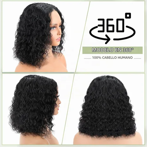 Vista 2 de Pelucas de cabello humano sin pegamento predepiladas precortadas Bob rizado corto con encaje frontal para mujeres negras, cierre de encaje 4x4