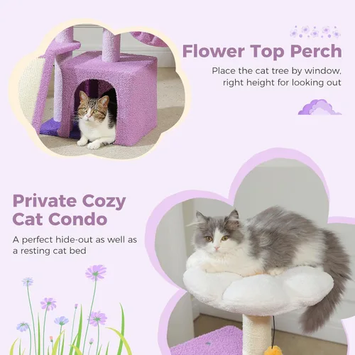 Vista 8 de PETEPELA Árbol de flores para gatos de interior, torre pequeña para gatos de 31.5 pulgadas, condominio con rampa rascador de sisal + poste rascador